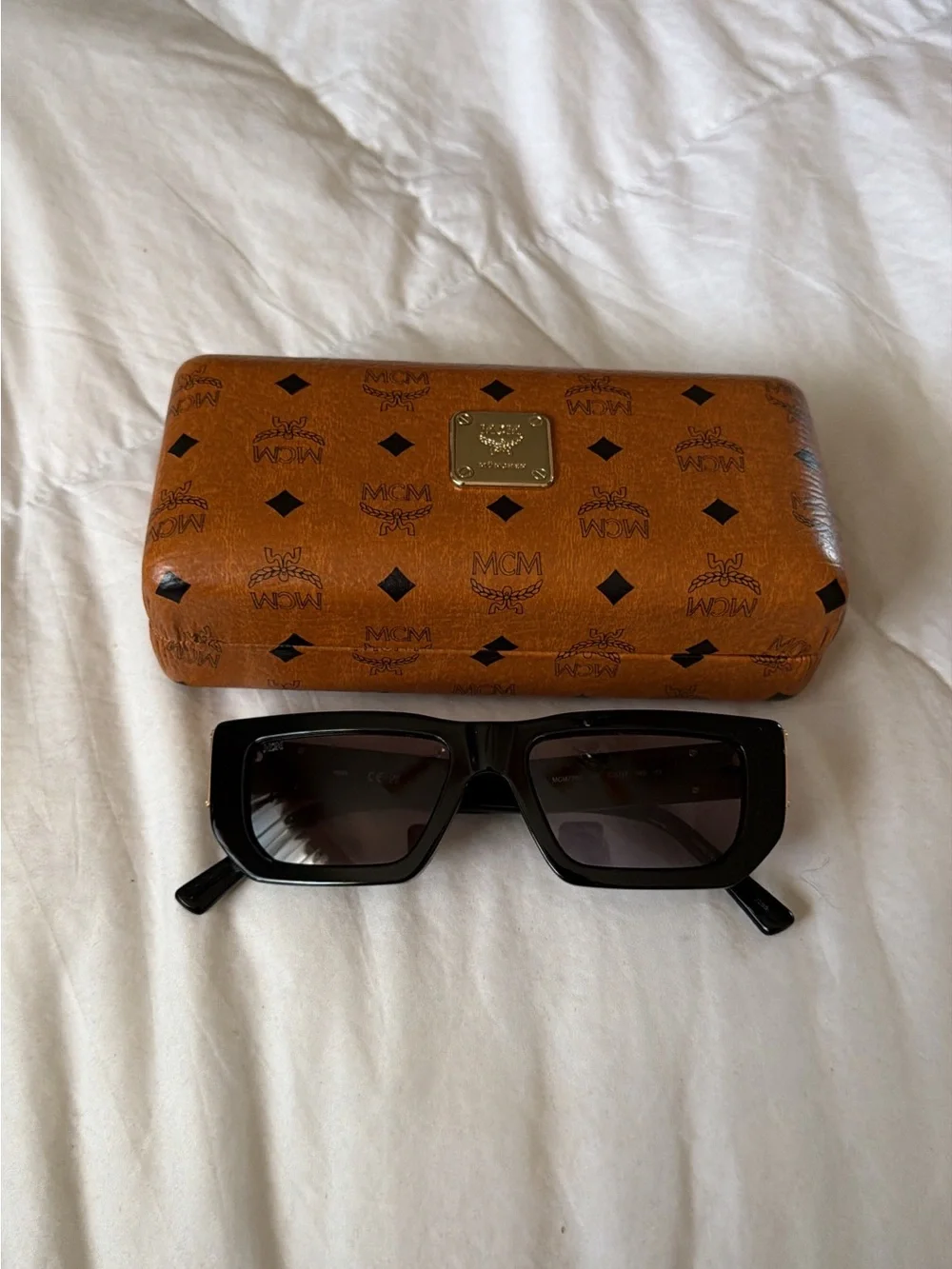 MCM Black Rectangular Sunglasses with Tan Logo Case